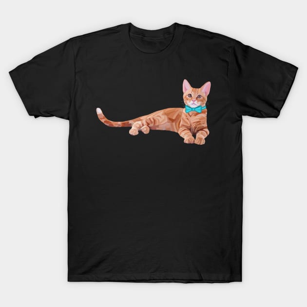 Ginger Cat with Teal Bow Tie T-Shirt by Art by Deborah Camp